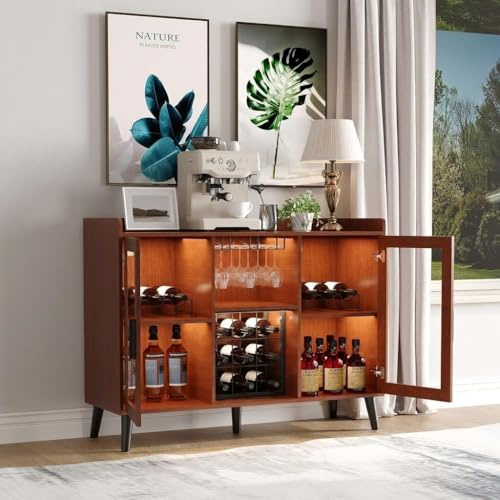Garvee Weinschrank mit RGB LED Beleuchtung, Bar-Schrank Holz Hausbar mit Glastüren & Glashalter, Weinkommode für 9 Flaschen, Sideboard Anrichte Buffetschrank für Wohnzimmer Esszimmer