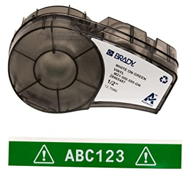 Brady Vinyl-Etiketten für Etikettendrucker M211 & M210 - Vinyl-Klebe-Druckeretiketten - Industrieetikettenband für Kabel/Namensetiketten - Weiß auf Grün (12.70mm x 6.40m) - M21-500-595-GN