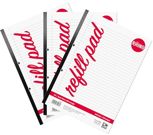 RHINO A4 Refill Pad, Writing Pad, 320-Page / 8mm Lined with Margin, 3-Pack, White Hole Punched Side Binding Writing Paper, Office & School Stationery Supplies