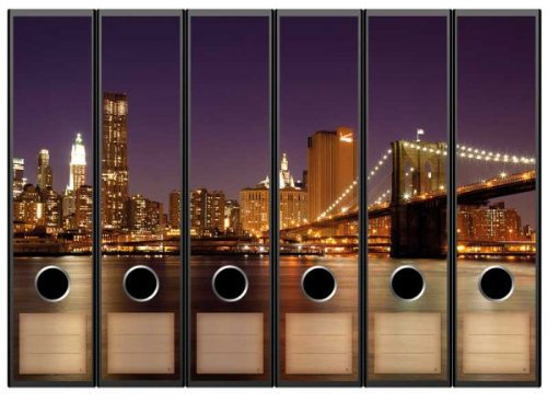 6 Ordnerrücken Motiv-Aufkleber MANHATTAN SKYLINE - Format 65 x 300 mm - passend für 6 breite Standard Din-A4-Ordner mit 7,5 oder 8,0 cm Rückenbreite