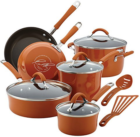 Rachael Ray 16328 Cucina Nonstick Cookware Pots and Pans Set, Aluminum, Pumpkin Orange