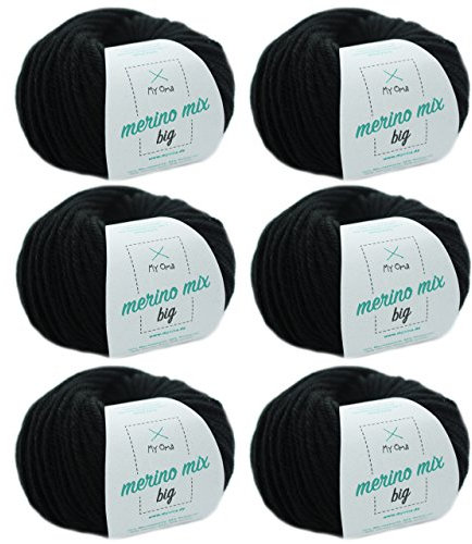 MyOma Merinowolle zum Stricken - Merinowolle zum Stricken - Wollstärke + GRATIS Label - 50g/75m - Nadel 6-7mm - Merinowolle - Merinowolle - Schwarz 6 Knäuel