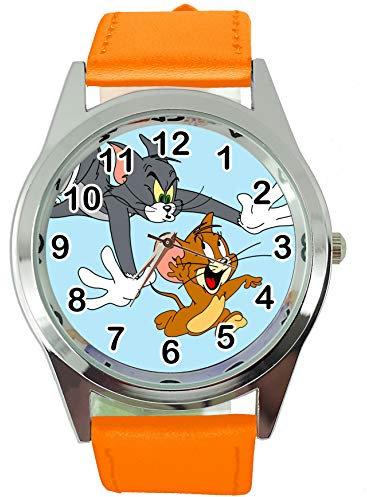 Taport® Tom und Jerry Quarz-Armbanduhr, rund, SCI FI, echtes Lederband, inklusive Ersatzakku und Geschenkbeutel, Orange