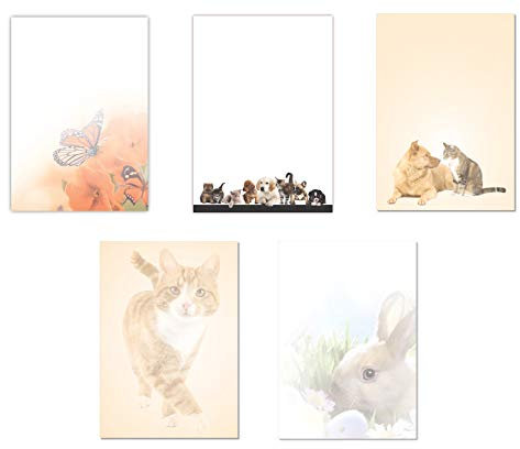 5 x 10 Blatt Motivpapier Briefpapier Mix DIN A4 Schmetterlinge Hund Katze Maus Hase (Tiere-5241)
