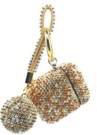 Lussuosa custodia protettiva per AirPods con strass, con strass, per Apple I10/I12 TWS (oro con portachiavi)