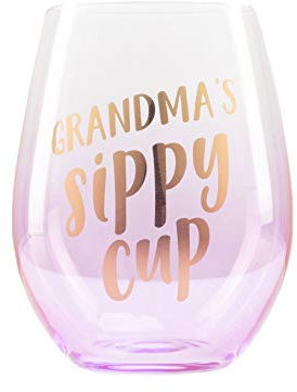 Pearhead Grandma’s Sippy Cup Stemless Wine Glass, New Grandmother Wine Glass, Pregnancy Announcement Pregnancy Keepsake, Pink, 16oz