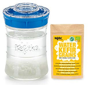 Kefirko Complete Water KEFIR Starter Kit- 900ml Jar with Organic Grains – Make Your own Probiotic Drinks at Home for Good Gut Health and Build Your Immunity - Blue