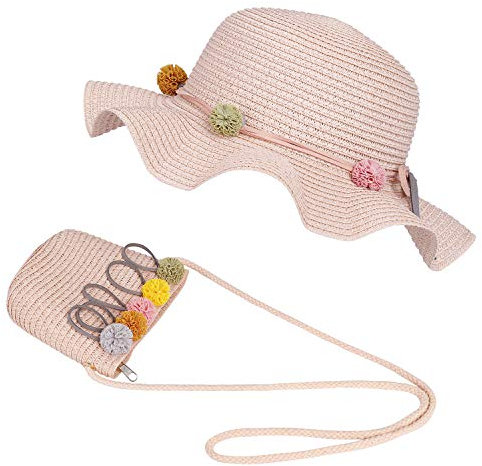 FT-SHOP Sombrero de Paja Niñas Gorra de Sol Chica y Bolsillo Set con Decoracion de flores Gorro de Playa para Viaje Beach Piscina al Aire Libre