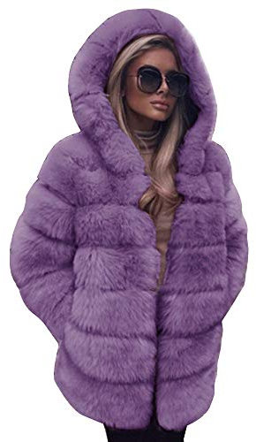 YAOTT Donna Autunno Inverno Caldo Elegante Pelliccia Sintetica Manica Lunga Cappotto con Cappuccio Parka Cappotti Trench in Cardigan Tinta Unita Viola 3XL