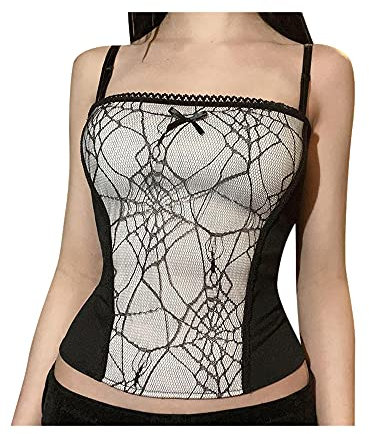 SKZZVI Damen Gothic Crop Tops Ärmellos Reißverschluss mit Spinnennetz-Spitze Bluse Bauchfrei Oberteile Basic Tank Top Camisole Kurz Sommer Weste (Weiß, S)