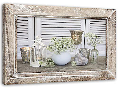 Feeby Vlies Leinwandbild Shabby Chic Rustikal 60x40 cm Wand Bild Kunstdruck Deko Wohnzimmer Wohnungs Deko Illusion Eines Rahmens Beige