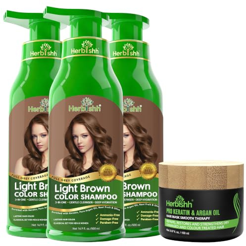 Herbishh Ultimate Hair Color Shampoo Kit (3pcs Hair Color Shampoo Dye +1 Argan Hair Mask) Smooth and Long Lasting Color Shampoo for Grey Hair Men & Women Easy & Quick to Use-Combo4 (Light Brown)