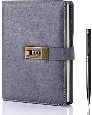 WEMATE Diary with Lock, A5 PU Leather Journal with Lock 240 Pages, Vintage Lock Journal Password Protected Notebook with Pen & Gift Box, Lock Diary Planner Organizer for Men and Women, 8.6x5.8in Grey