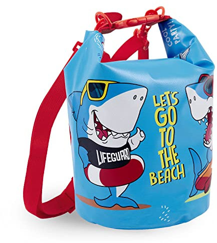 PERLETTI Kinder Dry Bag 5L Wasserdicht - Wasserabweisende Badetasche für Kleine Jungen - Licht Blau Trockenbeutel Packsack Rucksack für Schwimmen Strand See Kindergarten Sport - 25x18x18 cm (Hai)