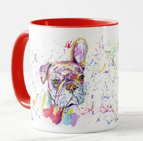 Vixar Frenchie Pup French Bulldog Animal Hand Painted Design Watercolour Art Coloured Mug Cup Gift Birthday Work Office Christmas Tea Coffee (Red)