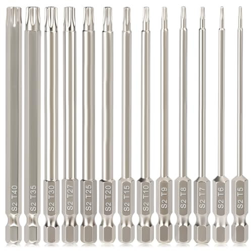 Torx Bit Set Hakkin 13Pcs 100mm Tamper Proof Security Torx Bits Premium S2 Steel 1/4” Hex Shank Magnetic Torx Screwdriver Bits for Power Impact Driver T5 T6 T7 T8 T9 T10 T15 T20 T25 T27 T30 T35 T40