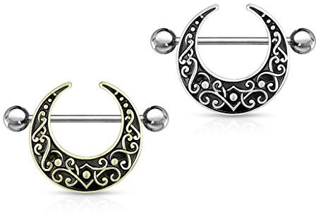 beyoutifulthings Brustwarzen-piercing SET Vintage Halb-Mond Gold Silber Brust-piercing Nippel-piercing Intim-piercing Chirurgenstahl Stab 16-mm