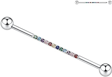 14G Industrial Barbell Chirurgenstahl Industrial Piercing Schmuck Silber Industrial Barbell 38 mm langer Gerüststab Industrial Bar mit Mix Color CZ Knorpelohrring Helix-Ohrringe für Damen Herren