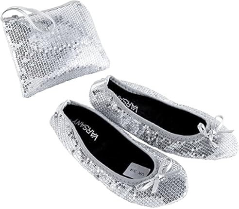 Varsany Roll Up Sequin Silver Shoes - Foldable Pumps Flats Ballet Dance Ladies After Party Shoes with Foldable Bag - Women's Flat Shoes