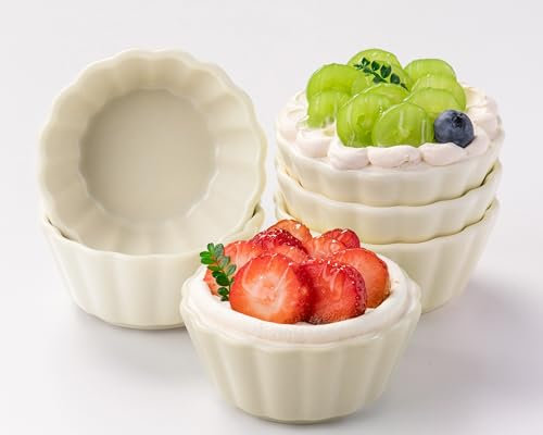 4 oz Ramekins Set of 6, Ramekins Oven Safe, Porcelain Ramiken Set, Souffle, Custard Cups for Baking, Beige