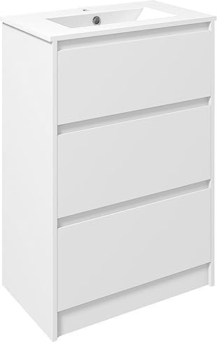 kleankin 600mm Bathroom Vanity Unit with Basin and Single Tap Hole, High Gloss White Floor Standing Bathroom Sink Unit with 2 Drawers