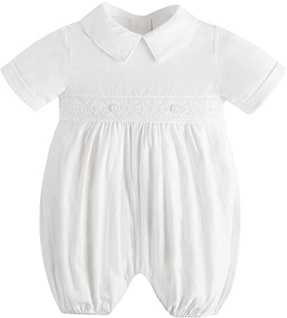 Booulfi Baby Boy Romper Bubble Summer Short Sleeve Baptism Christening Outfits for Boys Linen Cotton Newborn Church Coming Home Jumpsuit Formal Clothes Collared White Romper 3-6 Months