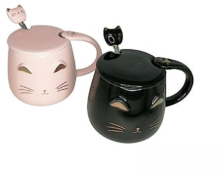 lachineuse - Lot 2 Tasses Kawaii 450 ml - Mug Chat avec Couvercle et Cuillère - Coloris Rose et Noir - Porcelaine - Mug à Infusion, Thé, Café - Tasse Originale Japonaise - Idée Cadeau Japon Asie
