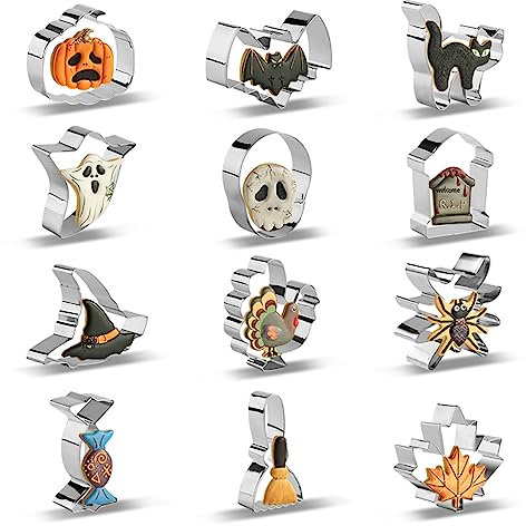 SurgeHai Halloween-Ausstechformen, 12 Stück, Edelstahl, Halloween-Plätzchenform, inklusive Kürbis, Katze, Fledermaus, Geist und Hexenhut, Formen für Halloween-Lebensmittel-Party-Dekorationen
