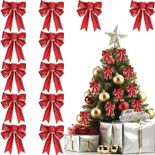 ZoneYan Lazos de Navidad Rojo, 12Pcs Adornos Navideños Lazos con Purpurina, Lazos Navideños Tela para Decoración de Árbol de Navidad, Guirnalda Embalaje de Regalo Año Nuevo