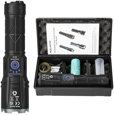 Nulmvic Torcia LED Ricaricabile USB: 500000 Lumens Torcia LED Potente Professionale Torcia Tattica Militare IP67 Impermeabile 5 Modalità Flashlight per Campeggio Trekking Emergenza