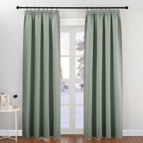 PONY DANCE Gardinen mit Kräuselband Blickdicht Thermovorhang Hitzeschutz 2er Set H 220 x B 140 cm Verdunkelnde Vorhänge Wohnzimmer Verdunklungsgardine für Schienensystem, Salbeigrün