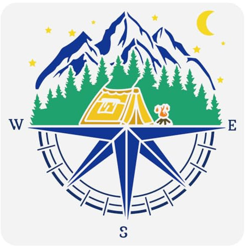 FINGERINSPIRE Kompass Malschablone 30x30 cm Wiederverwendbare Wald Berg Muster Zeichenvorlage DIY Zelt Camping Schablone Zum Malen Auf Holz Wand Stoff Papier Möbeln