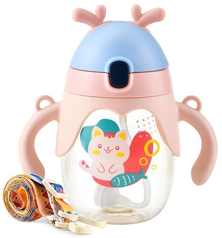 Bestele Baby Sippy Cups, Toddlers Sippy Cup for Kids 6+ Months with Silicone Straw, Leak-Proof Beaker with Handles Lanyard Straw Bottle for Babies Learning Cup