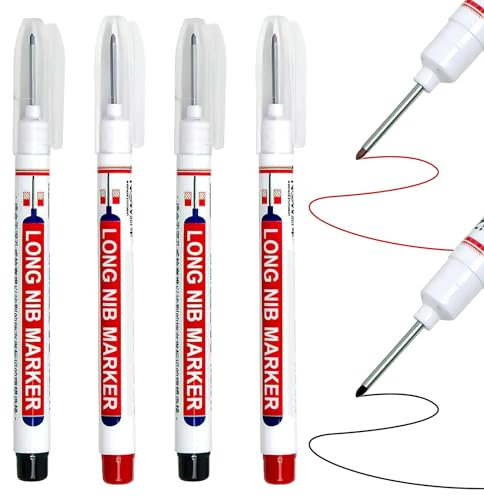 4 Pcs Marqueurs de Trou Profond, Stylos Marqueur Charpentier à Pointe Fine de 20mm, Marqueur Chantier, Feutres Permanents Indélébiles pour Marquages Difficiles d'Accès, Ensemble de 2 Noirs 2 Rouges