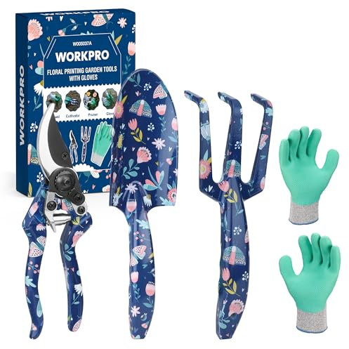 WORKPRO Set di attrezzi da giardino da 4 pezzi, attrezzi da giardino con scatola regalo, pala da giardino, cesoie da giardino, guanti da giardino, regali per giardinieri, regalo per il giardino blu
