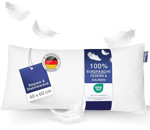 Clemens Daunenkissen 40x60 cm mittelfest (675g) Hochwertige Europäische Federn 85% & Daunen 15% Made in Germany, Beliebtes Kopfkissen bei Rücken- & Seitenschläfern - Daunenfederkissen Stabilisierend