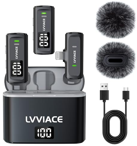 LVVIACE Lavalier Mikrofon für iPhone iPad mit 40-Stunden-Sender, Digitalanzeige, Ladehülle, 82 Fuß kabelloses Mini Mikrofon mit Geräuschunterdrückung (Lightning)