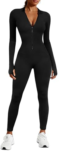 Voqeen Jumpsuit Damen Langarm Zip Up Leggings V-Ausschnitt Yoga Overall Elegant Playsuits Jogging Strampler Hosenanzug Trainingsanzug