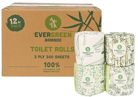 EVERGREEN BAMBOO Toilet Roll 12 x 300 Sheets – 3-Ply Bamboo Toilet Paper – Plastic-Free, Eco-Friendly, Biodegradable, Strong & Soft Tissue – Sustainable & Premium Quality Bulk Pack