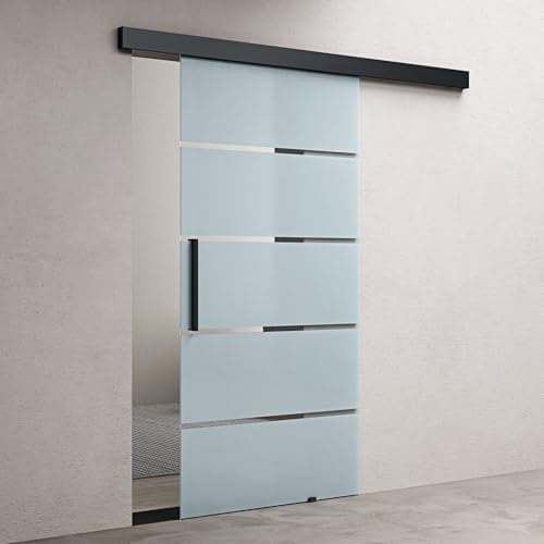 doporro Glasschiebetür Komplettset 102,5 x 205cm | 15mm Wandabstand | Schiebetür mit ESG-Sicherheitsglas | Zimmertür Glas 5-Milchglas-Streifen und Schwarz Stangengriff | Amalfi-plus 13