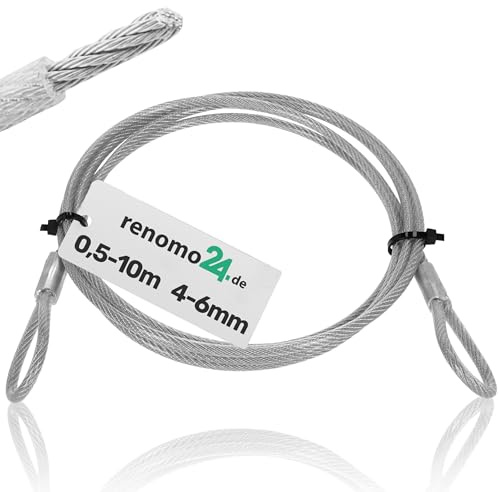 Renomo24 PVC Drahtseil mit Ösen 4mm - 6mm Stahlseil verzinkt und ummantelt, Sicherungsseil, Schlaufenkabel (10m, 4mm)