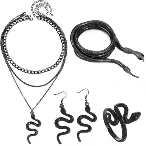 Reaky Schlangen-Schmuckset Schlangen-Halskette und Ohrringe Medusa-Schlangenkostüm Hollween-Schmuck für Frauen (4 PCS Schwarze Halskette Ohrringe Ring Armband)