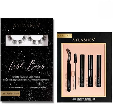 AYLASHES - DIY Wimpernextensions Starter Set LASH BOSS | 6 Paar Wimpern, Applikator, Wimpernkleber, Top Coat Sealer transparent, Lash Remover | Wimpern DIY Set für zu Hause | bis zu 7 Tage Halt