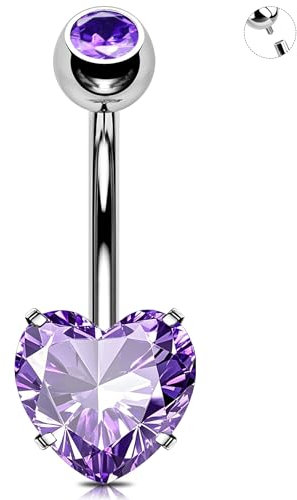 OUFER 14G Cuore Piercing Ombelico Internamente Filettato Barra Piercing Navel Titanio G23 Piercing Ombelico Anello CZ Viola 14 mm Piercing Ombelico Cerchio Per Donna