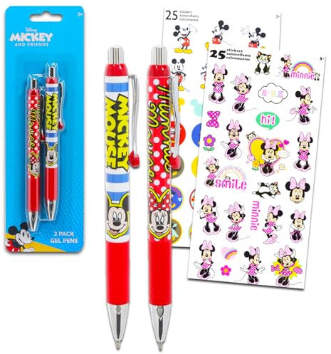 Set di penne a sfera con Topolino e Minnie, confezione con 2 penne Topolino e Minnie e adesivi, cancelleria regalo per ufficio con Topolino e Minnie