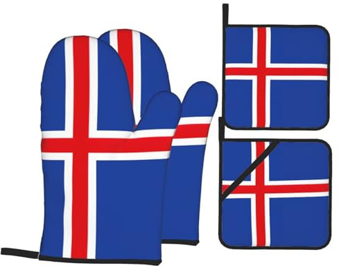 Ofenhandschuhe und Pfannen-Gestelle, Motiv: Flagge Islands, 4-teiliges Set, Küchenhandschuhe und Pfannenregale zum Backen