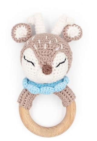 Greifling personalisiert mit Namen - Holz Beißring Baby gehäkelte Tiere - Babyrassel - Babygeschenke zur Geburt für Mädchen/Jungen - Baby Erstausstattung Neugeborene (Reh blau)