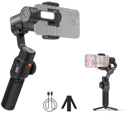 Rankomu SMOOTH 5S AI Handheld 3-Axis Gimbal Stabilizer for Phone, Anti-Shake with Built-In LED Fill Light, Mini Tripod Included, Max. 300g Payload, Compatible with and Android