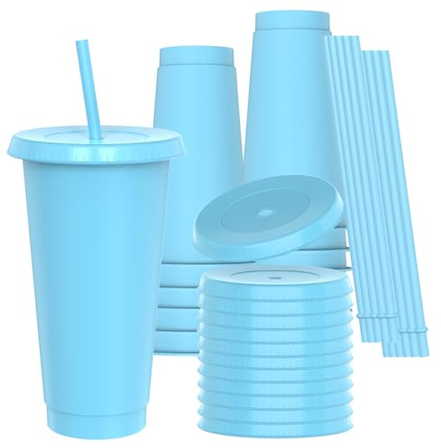 OZMOJOO Lot de 12 gobelets en plastique avec couvercles et pailles, robustes et de qualité alimentaire avec couvercle, gobelets en plastique réutilisables pour fête de révélation du sexe (bleu ciel)