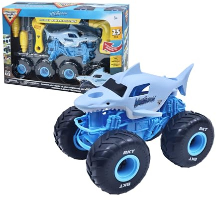 MonsterJam Mechanix - Vehículo a Escala 1:18 con Piezas Desmontables, Incluye Destornillador y 4 Ruedas, Modelo Megalodon, 3 Modelos Disponibles para Coleccionar, Famosa (MNJ02300)